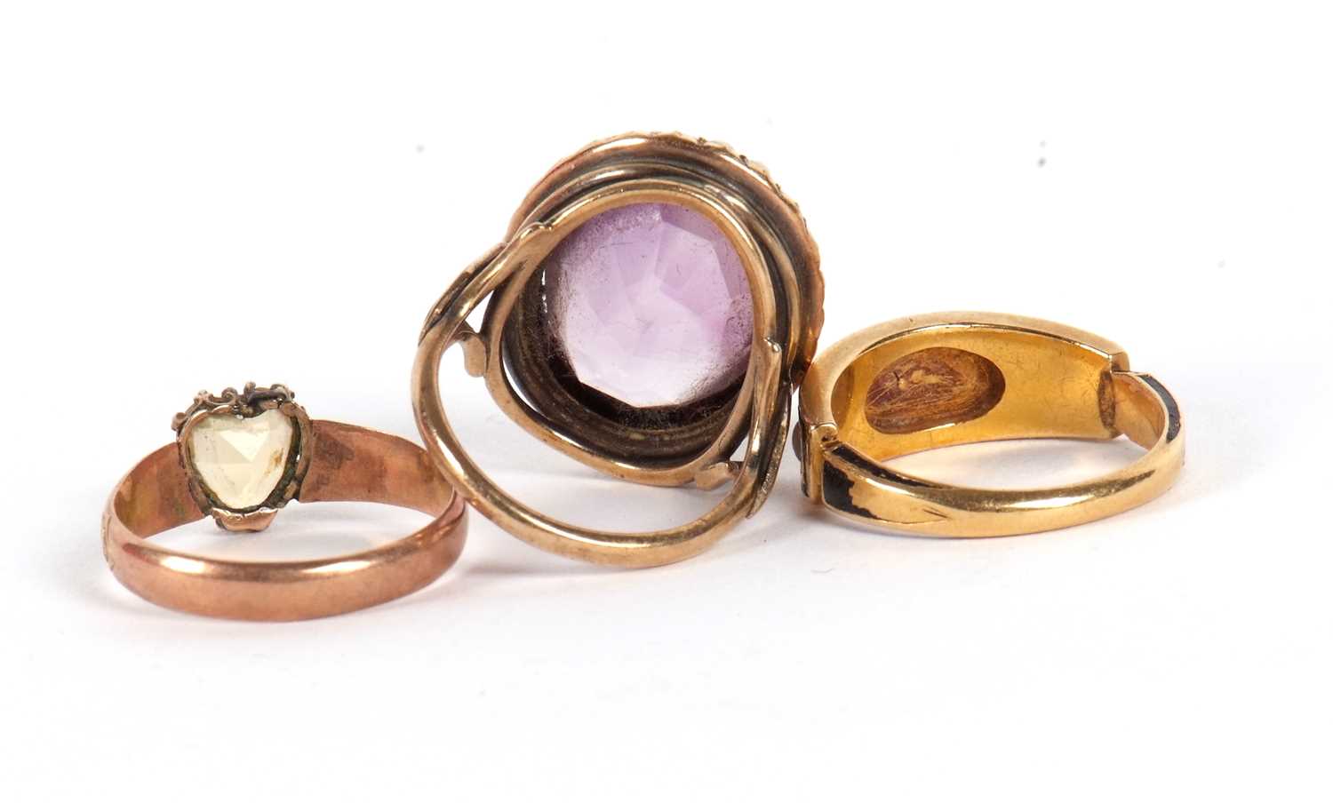 Three gemset rings, to include a late Victorian 9ct heart shape citrine ring with engraved - Image 6 of 6