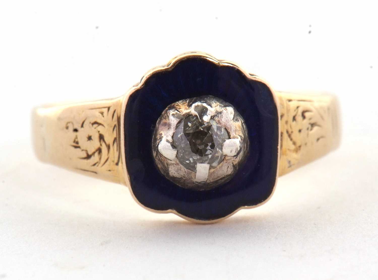 A Victorian 18ct enamel and diamond ring, the blue enamelled plaque set to centre with a single - Image 10 of 11