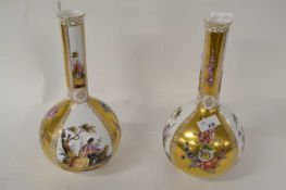 A pair of 19th Century Dresden vases, the globular bodies decorated in Meissen style with pastoral