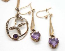 A 9ct amethyst and seed pearl pendant and a pair of 9ct heart shape amethyst earrings: the oval