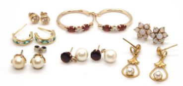 A mixed lot of gold, gemset and yellow metal earrings: to include a pair of green and white stone