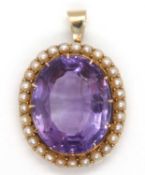 A 15ct amethyst and split pearl pendant, the oval claw mounted mixed cut amethyst surrounded by