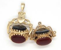 Two 9ct fobs: one set with bloodstone, carnelian and onyx, stamped 375 with Birmingham assay mark,