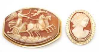 Two cameo brooches: one oval shape with straight ends set with a carved shell cameo of a chariot and