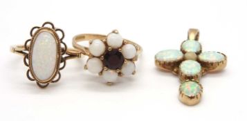 A group of 9ct opal jewellery: to include a 9ct garnet and opal cabochon flowerhead cluster ring,