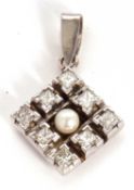 A silver, diamond and cultured pearl pendant, the square pendant set an angle with a cultured
