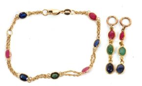 A multi gemset bracelet and similar pair of pendants/earring attachments, the bracelet set with