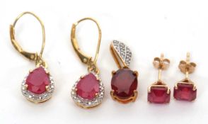 Two pairs of ruby earrings and a ruby and diamond pendant: to include a pair of silver gilt pear