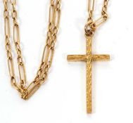 A fancy link cross and chain, the cross pendant with engraved decoration to one side and stamped 9ct