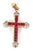 A 9ct synthetic sapphire and diamond cross pendant, set with calibre cut synthetic sapphire and a