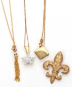 Two 9ct necklaces, a 14ct necklace and a 9ct fleur de lys pendant: to include a 9ct CZ star with