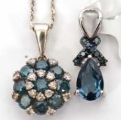 A 9ct treated blue and white diamond pendant and a silver treated blue diamond and blue topaz