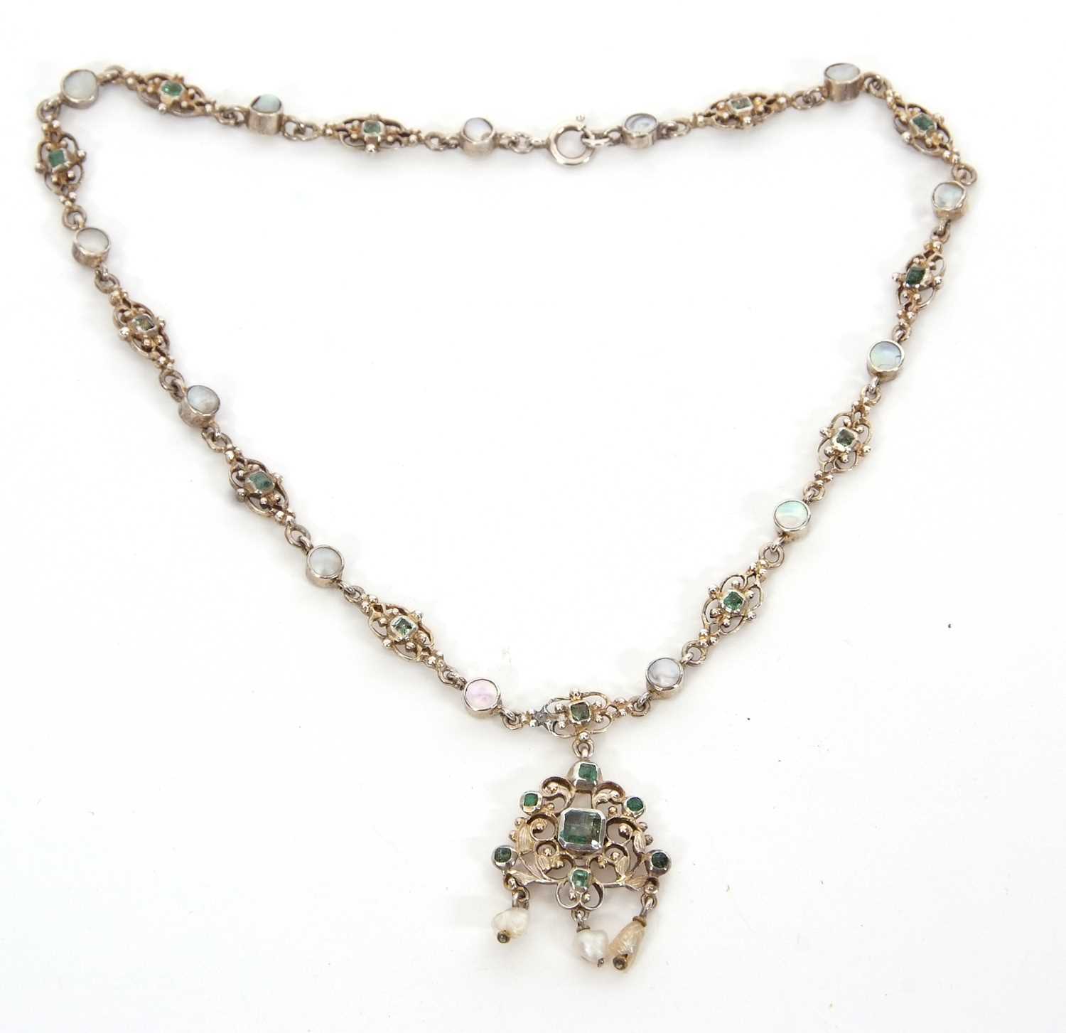 A 19th century style emerald and cultured pearl pendant necklace, the pendant set with a central - Image 2 of 3