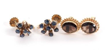 Two pairs of gemset earrings to include a pair of sapphire cluster earrings, 12mm wide, with