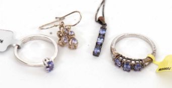 A small group of tanzanite jewellery: to include a single stone tanzanite ring, stamped 925, size N: