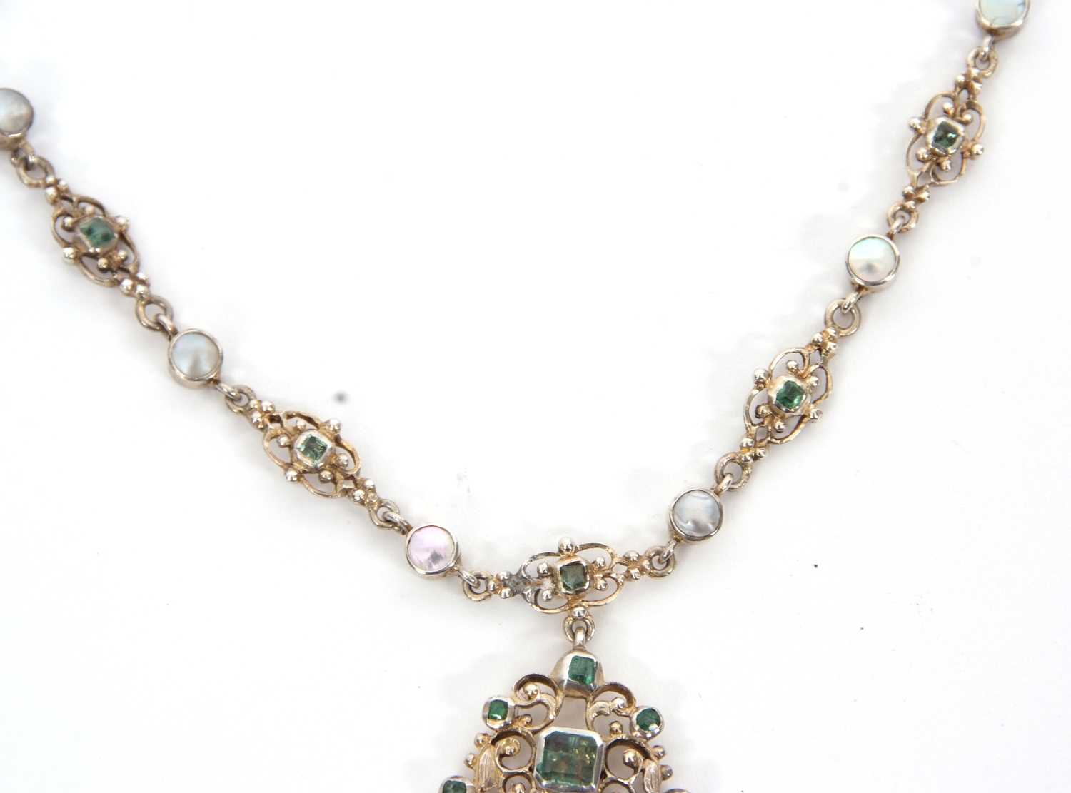 A 19th century style emerald and cultured pearl pendant necklace, the pendant set with a central - Image 3 of 3