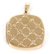 A 9ct diamond locket, the square locket with rounded corners, with quilted style design set with