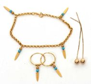 A 9ct feather charm bracelet and matching earrings, the bracelet set with four feathers and faux