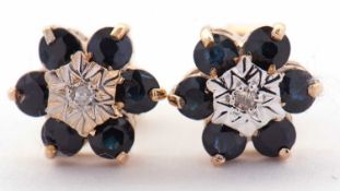 A pair of 9ct sapphire and diamond earrings, the flowerhead cluster earrings set to centre with an