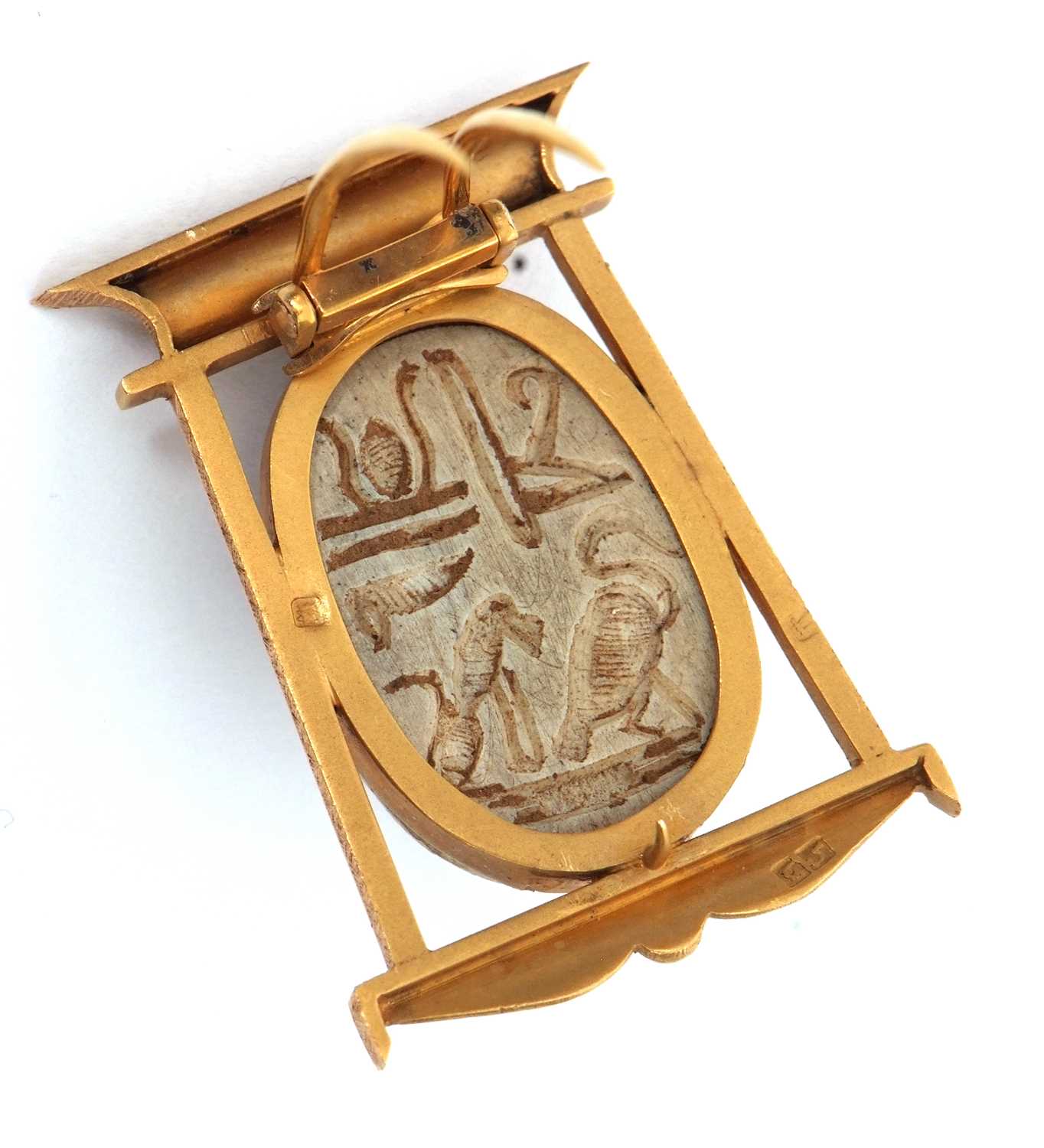 A scarab brooch, the carved stone scarab in a collet mount within a stylised Egyptian style frame, - Image 5 of 5