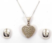 A 9K diamond heart necklace and a pair of diamond earstuds: the heart shape diamond pave pendant,