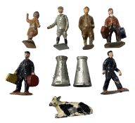 A small collection of die-cast figures, including 2 Britains milk churns