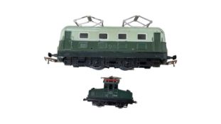 A JEP 0 gauge 0-4-0 Overhead Electric locomotive, in two-tone green, together with a small German
