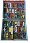 A case containing a quantity of playworn vintage Matchbox cars