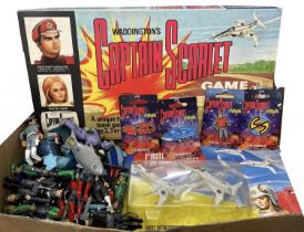 A collection of various vintage Captain Scarlet action figures, pin badges, board game etc