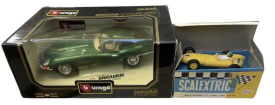 A pair of boxed die-cast vehicles, to include: - Bburago 1:18 Jaguar E Coupe (1961) - Scalextric C/