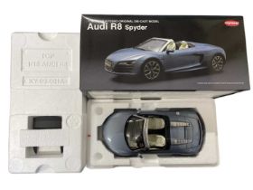 A boxed Kyosho Original die-cast Audi R8 Spyder 1:18 scale model, in blue