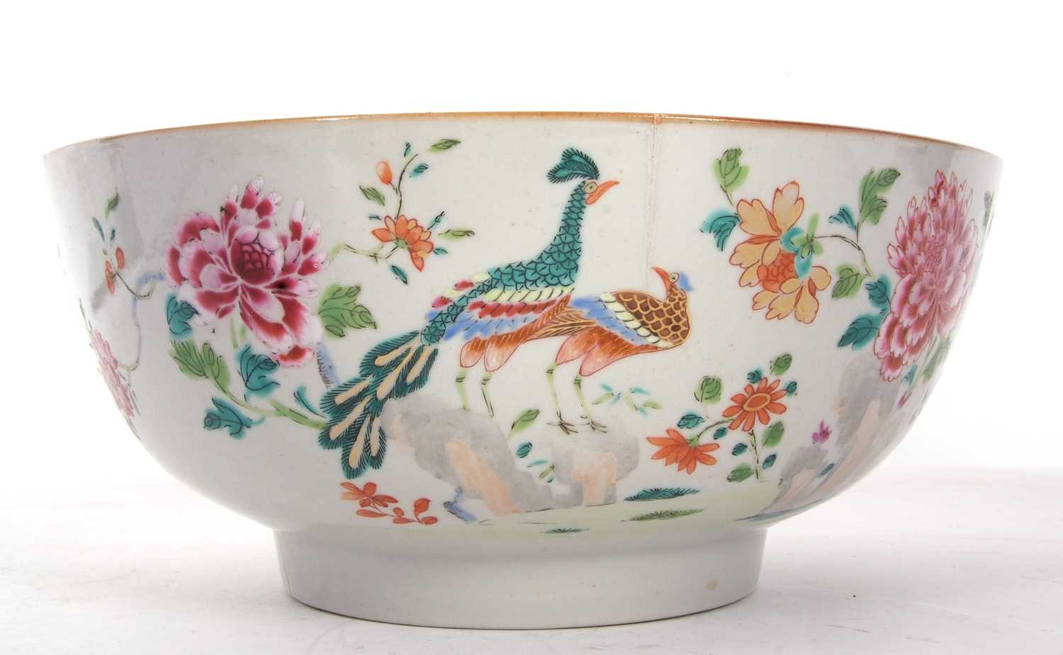 A large 18th Century Chinese porcelain famille rose punch bowl, decorated with birds amongst foliage - Image 2 of 8