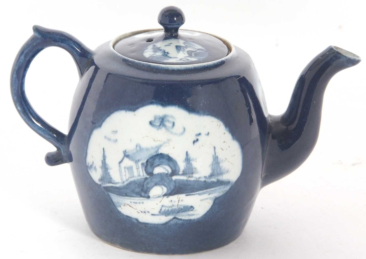 A rare Lowestoft teapot of small size c.1765 and a cover the powder blue ground with shaped panels - Image 4 of 8