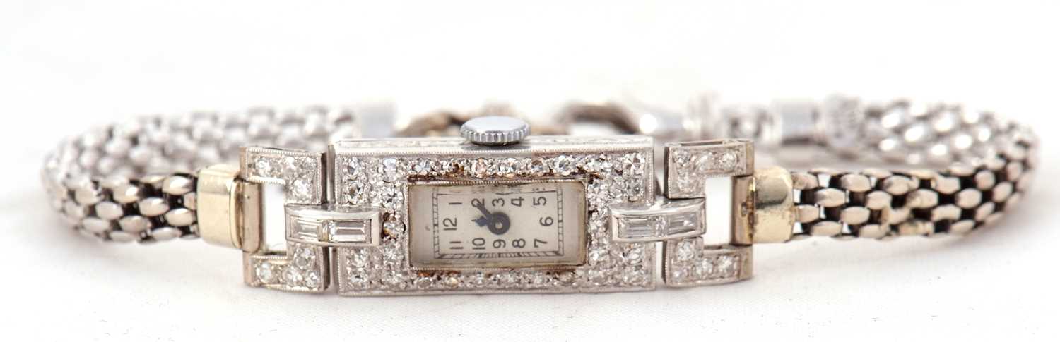 An Art Deco precious metal and diamond ladies wristwatch, the end link of the bracelet is stamped - Image 3 of 9