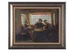 Ralph Hedley (British, 1848-1913), Interior scene depicting three men in a public house, oil on