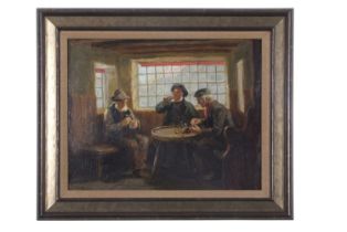 Ralph Hedley (British, 1848-1913), Interior scene depicting three men in a public house, oil on