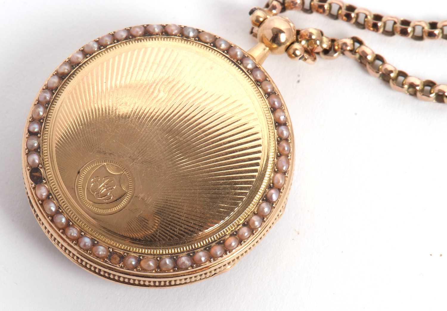 A Boubon a Paris mid grade yellow metal fob watch with chain, the pocket watch has a seed pearl - Image 9 of 9