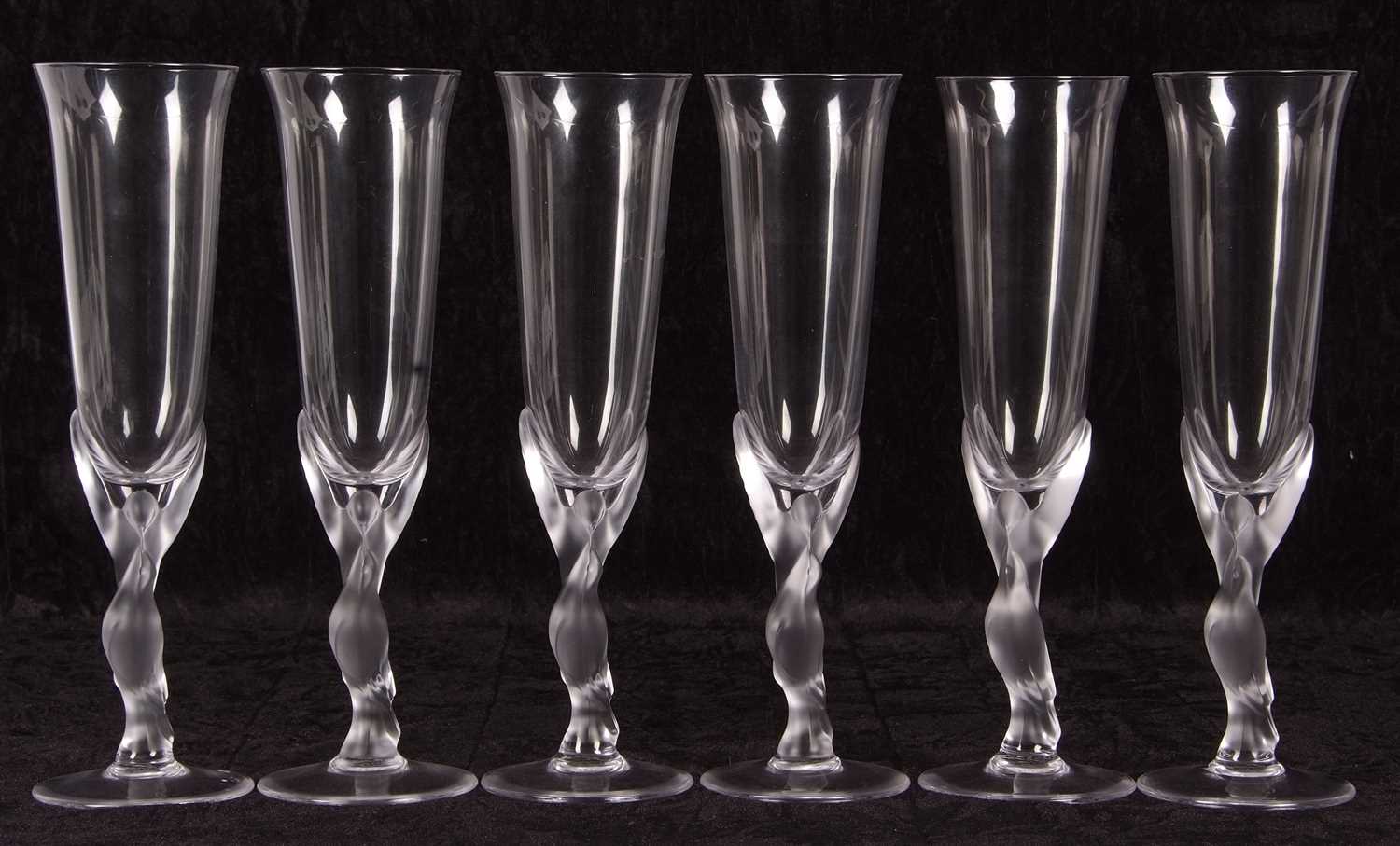 A set of Carl Faberge crystal glass champagne flutes, the bowls mounted on frosted kissing doves - Image 4 of 4