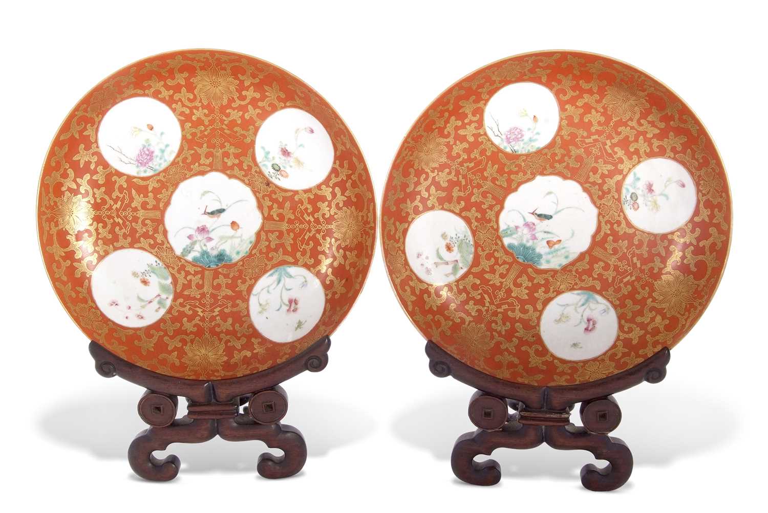 Two 19th Century Chinese porcelain coral ground bowls with gilt scroll decoration, each bowl