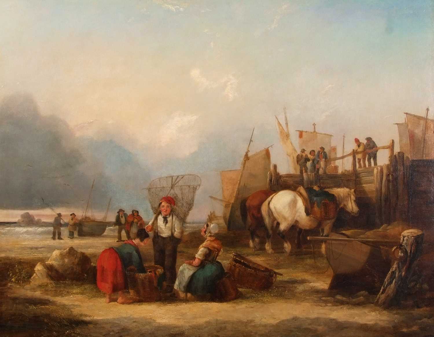 William Shayer (British,1787-1879), Harbour scene (possibly Yarmouth) with fisherfolk, horses and - Image 3 of 5