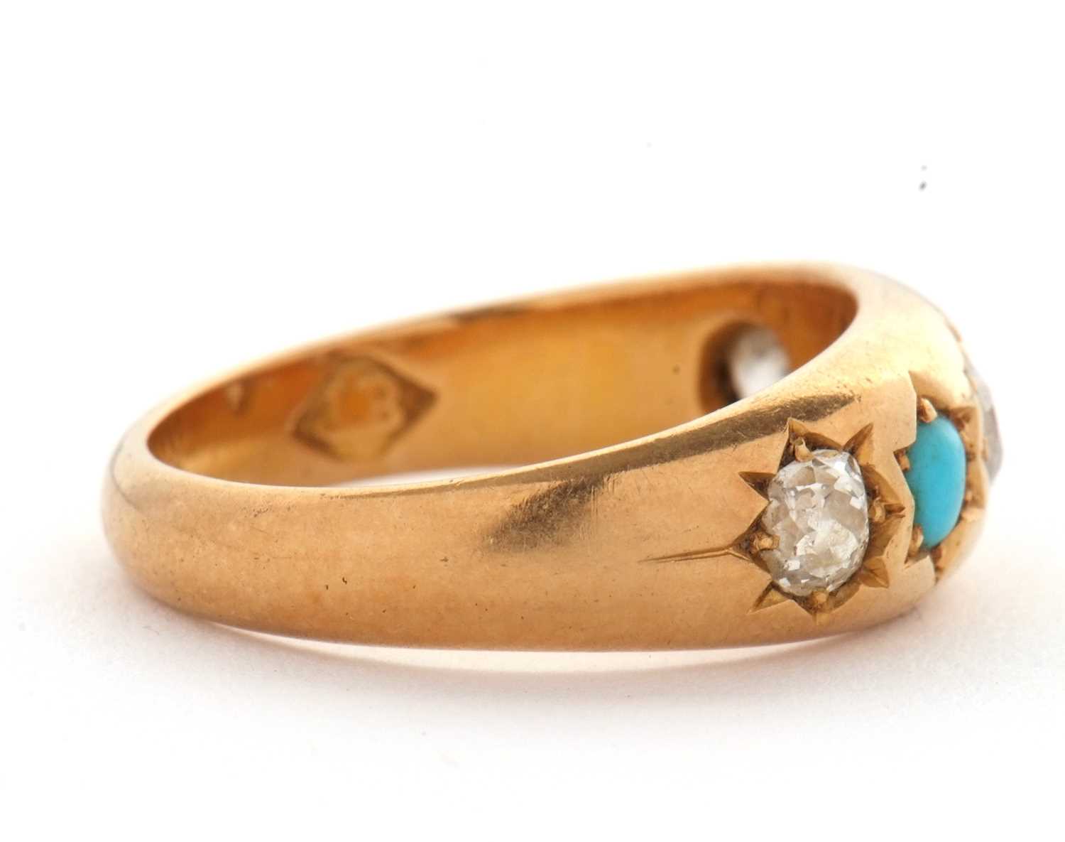 A late Victorian turquoise and diamond ring, the graduated alternating old mine cut diamonds and - Image 5 of 8