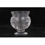A Lalique frosted and clear glass vase of baluster shape, decorated in relief with leaf shaped