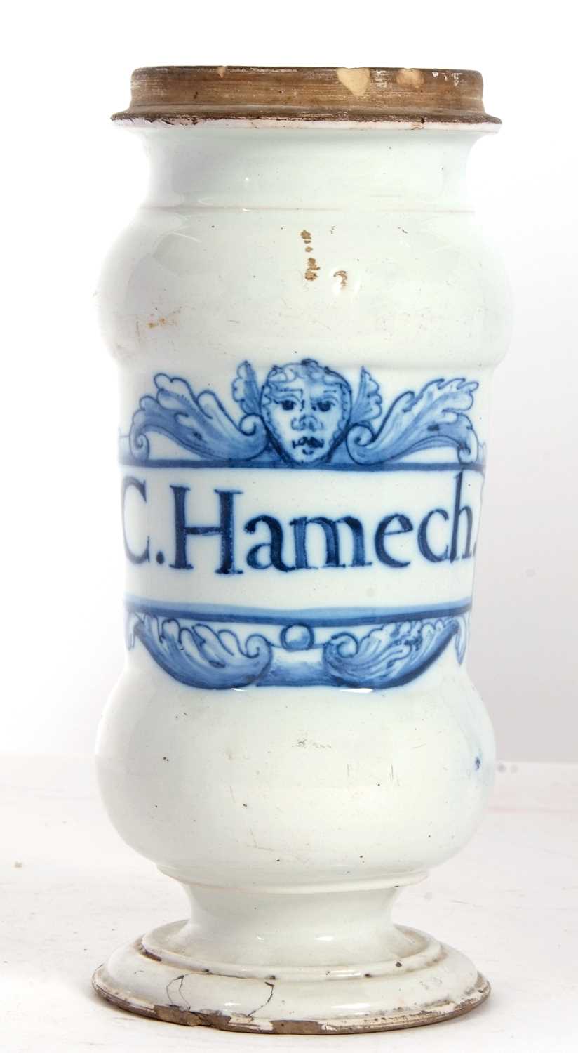 An 18th Century Delft drug jar with central cartouch entitled C.Hamech, 24cm high 2 chips to base ( - Image 2 of 5