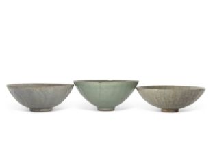 Three Chinese pottery bowls possibly Song Dynasty, all with ribbed and crackle glazed designs, one