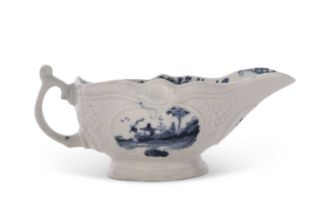 A rare Worcester porcelain sauce boat with reserves in underglaze blue of the moored boat pattern