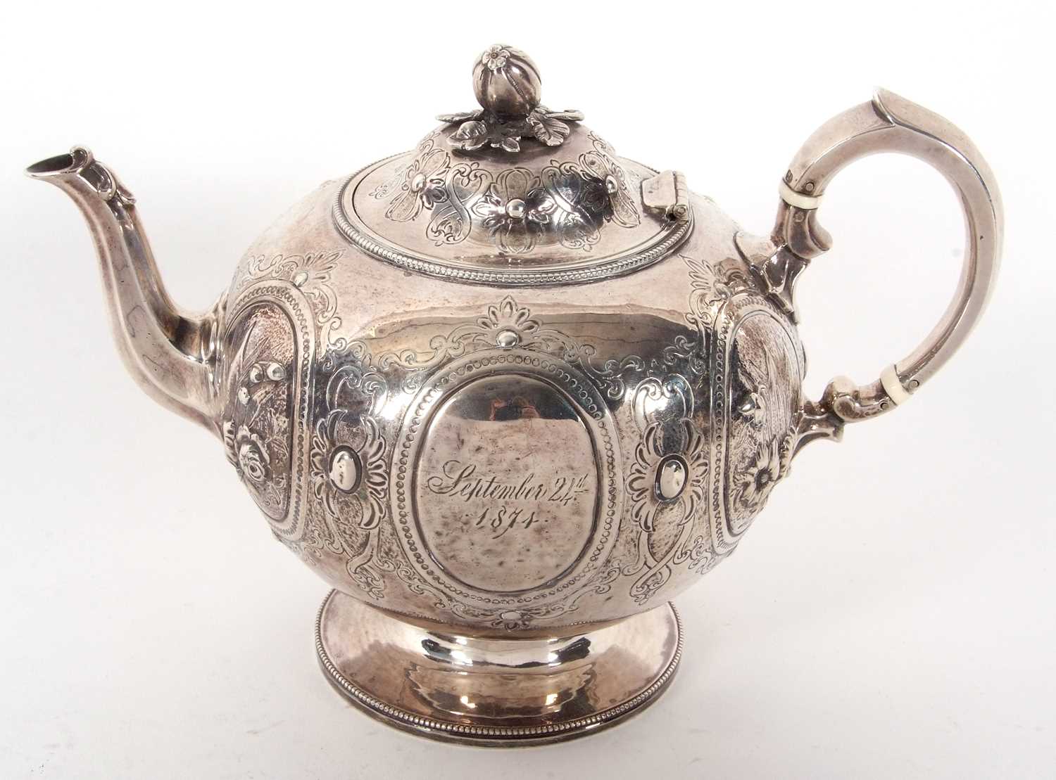 A Victorian silver teapot of globular bullet shaped onto a cast beaded circular spreading foot, - Image 3 of 7