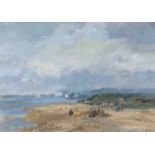 John Burman (British,b.1936), Coastal view at Brancaster, oil on board, signed,15x21ins, framed