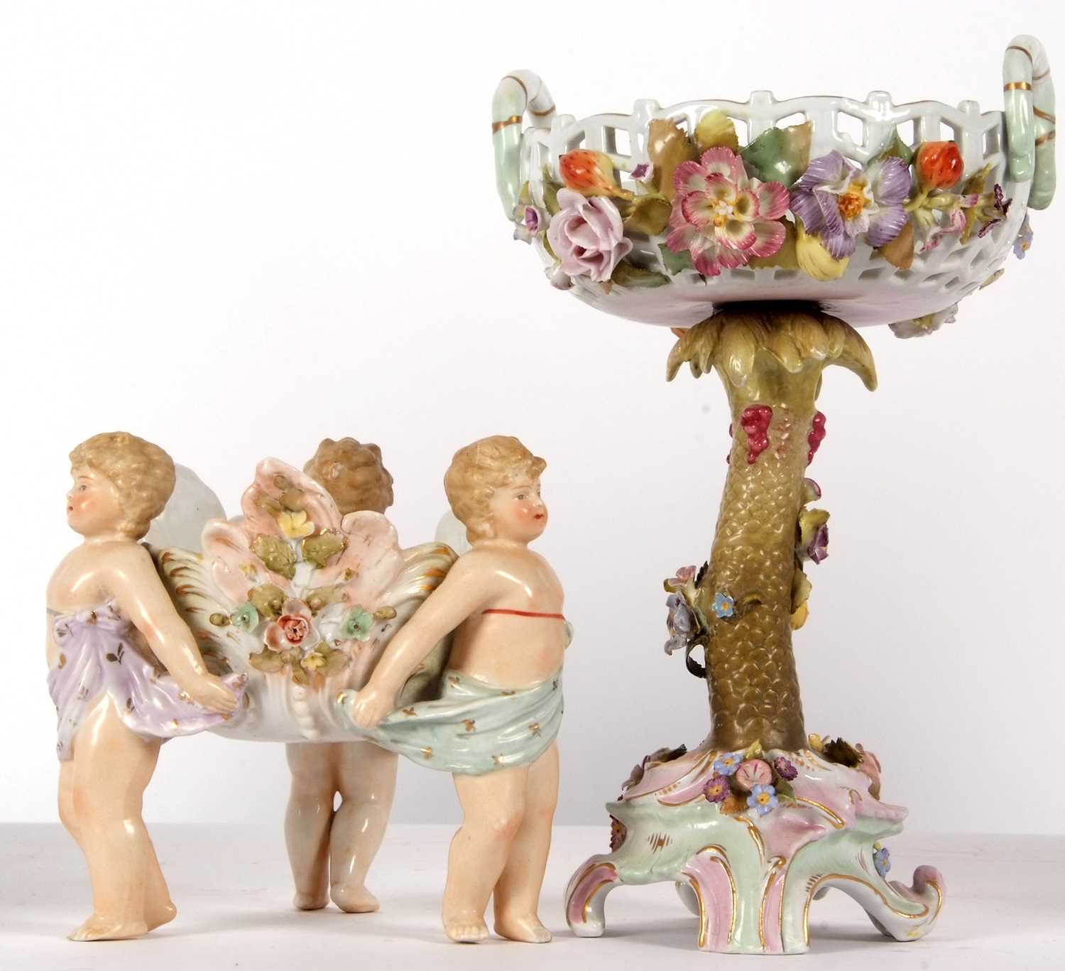 A continental porcelain centre piece modelled as a pierced basket with floral decoration on a tree - Image 2 of 9