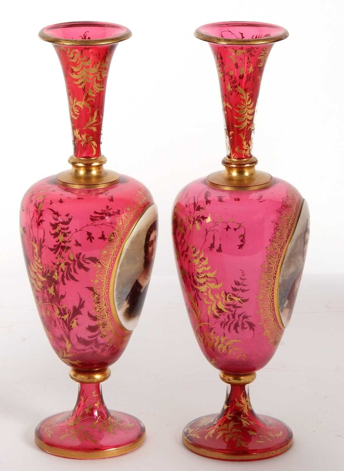 A pair of 19th Century continental ruby glass vases, finely painted with panels of young girls - Image 5 of 6