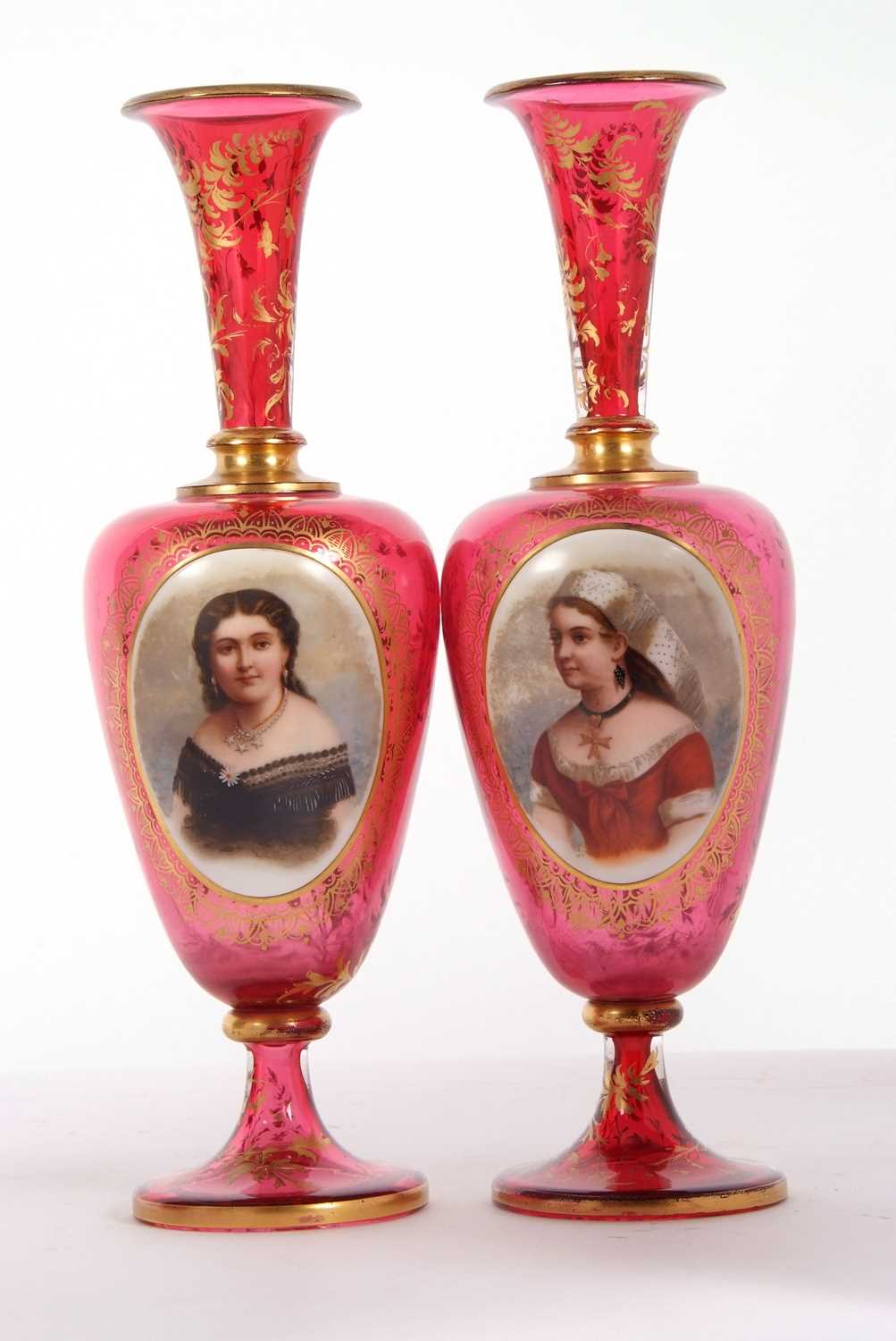A pair of 19th Century continental ruby glass vases, finely painted with panels of young girls - Image 2 of 6